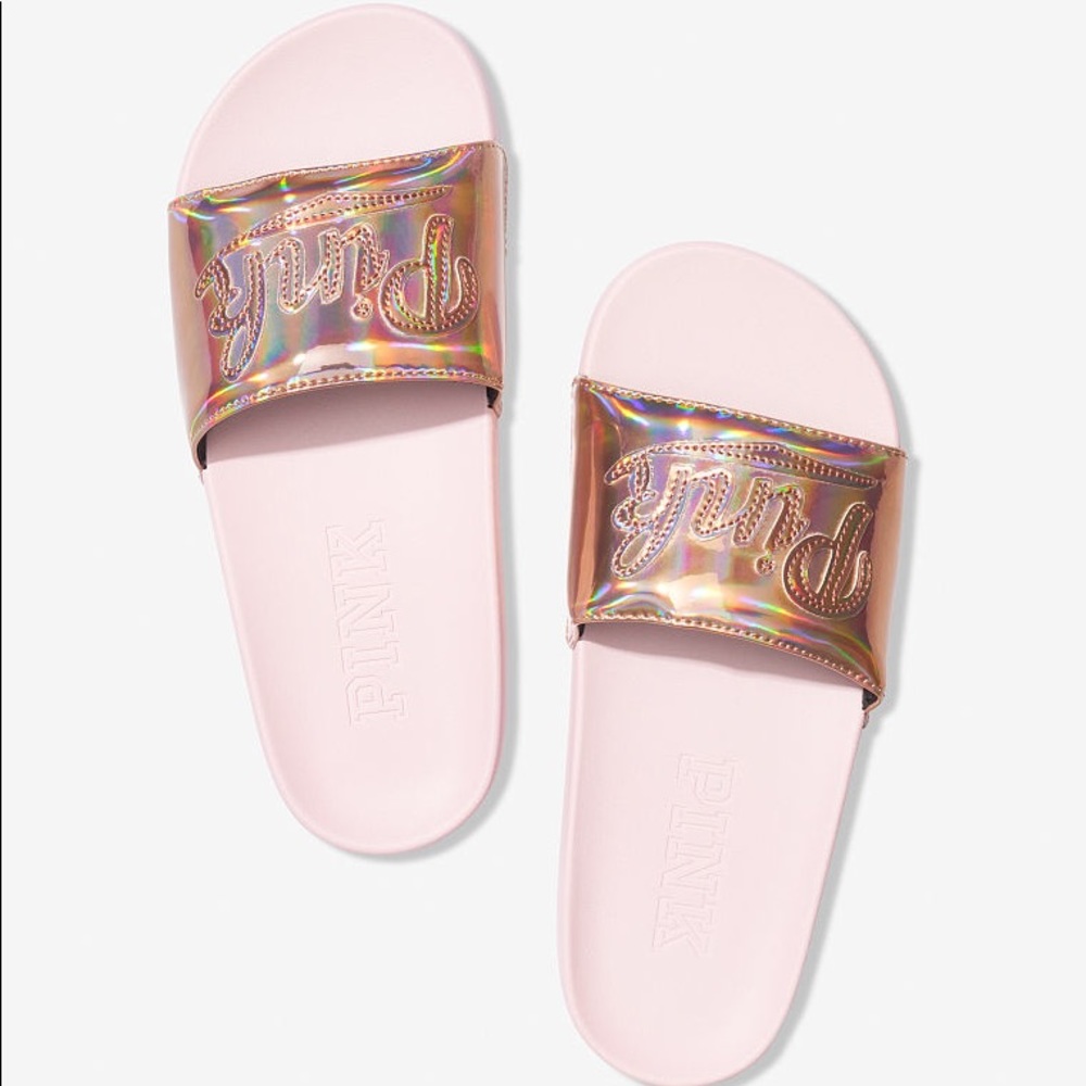 NEW💕VS PINK PINK IRIDESCENT LOGO SLIDES - Picture 2 of 4